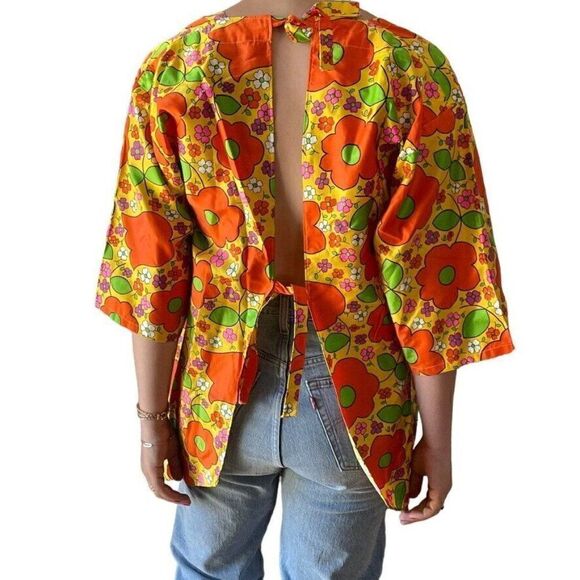 Vintage 1970s Womens Retro Psychedelic Floral Mid Mod Apron Open Back Top Sz M - Picture 4 of 7